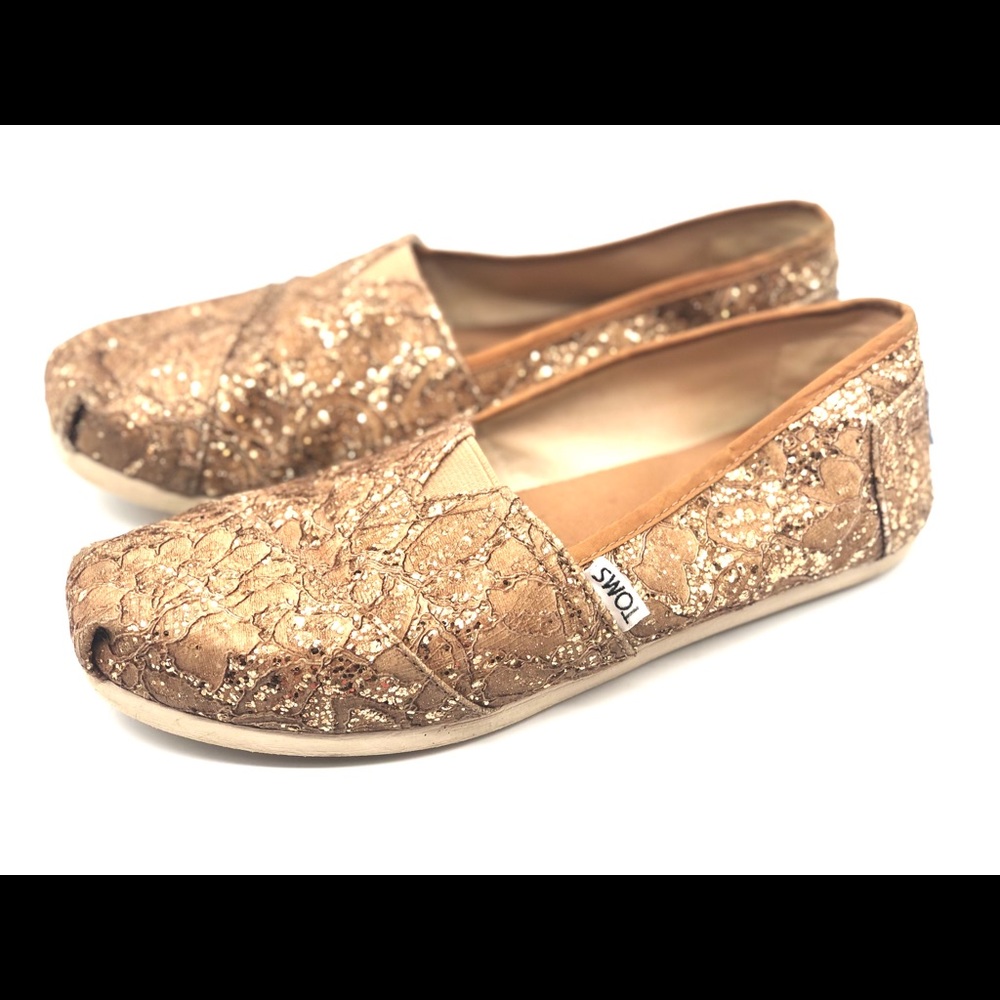 Toms Gold Lace Sequined Slip On Sandals size w7 - Picture 3 of 7